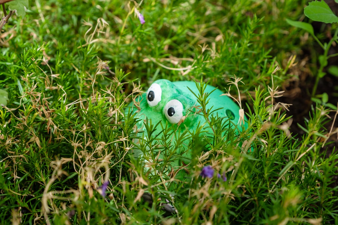 Ein Deko-Frosch sitzt im Grün.