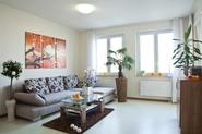 LanzCarré Pflege-Apartment mit Couch und Couchtisch, drei Bildern an der Wand dahinter, Fenstern und mehreren Pflanzen