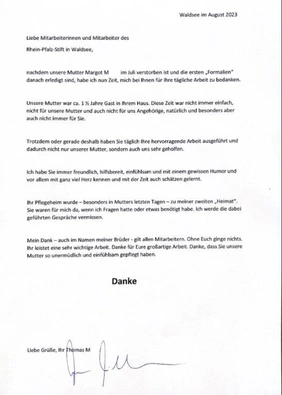 Brief Angehörige Margot M an die Mitarbeiter des RHEIN-PFALZ-STIFT in Waldsee