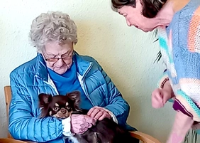 Eine Bewohnerin des Pflegeheims NECKARHAUS streichelt einen Hund. Der Streichelzoo war bei avendi zu Gast.