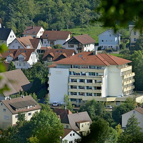 Standort am Mühlbach, Luftaufnahme aus mittlerer Entfernung, man erkennt viele Balkone an mindestens fünf Stockwerken, im Hintergrund stehen Mehrfamilienhäuser, dahinter Wald.
