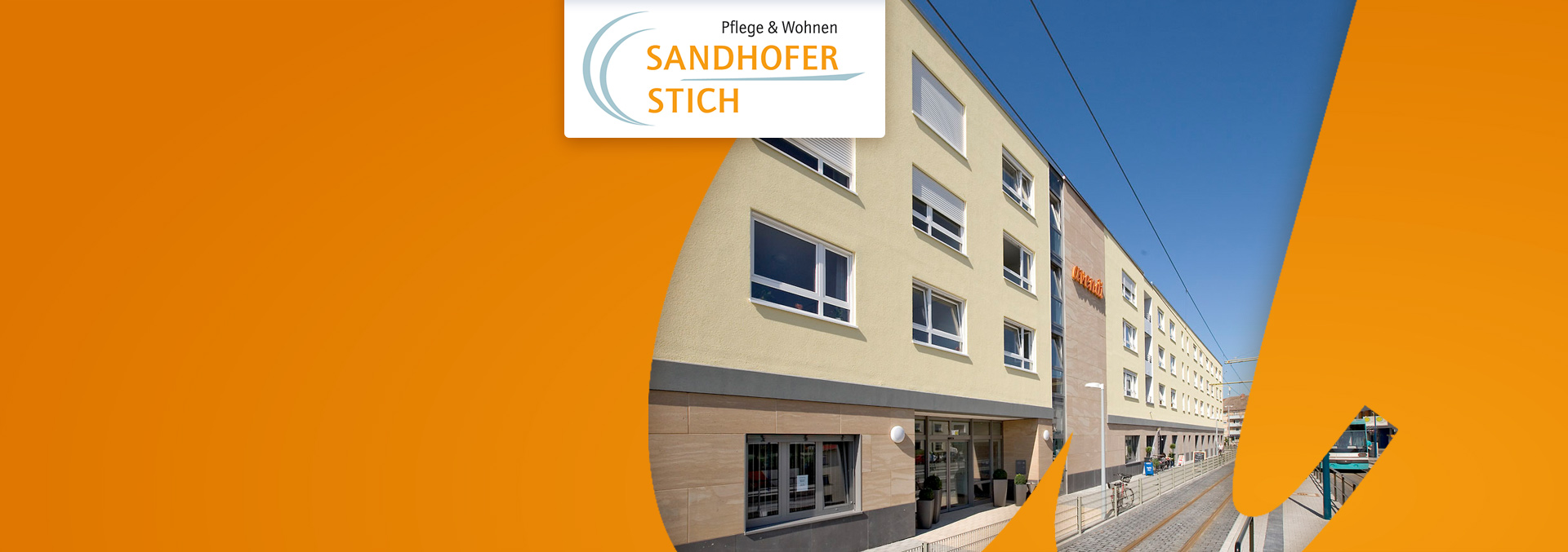 Pflege und Wohnen Sandhofer Stich: Blick auf den Eingang, die Straßenbahn hält in unmittelbarer Nähe.